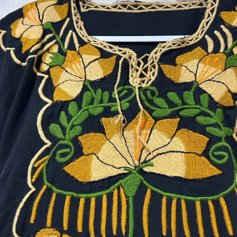 MEXICANA Black Dress with Gold and Green Embroidery - Picture 2 of 6